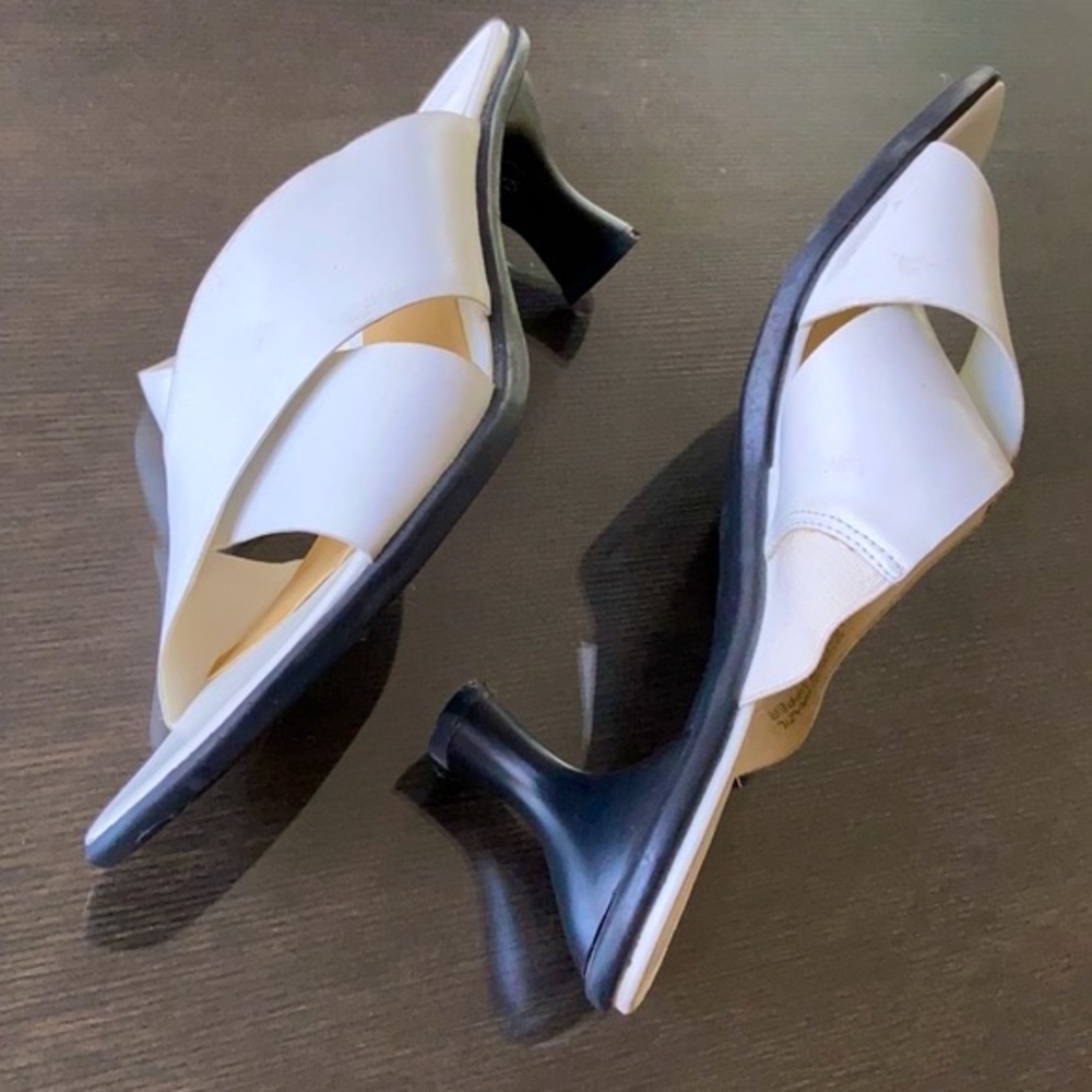 COMFORTABLE WHITE LEATHER CRISSCROSS SLIP-ON KITTEN HEELS SANDALS